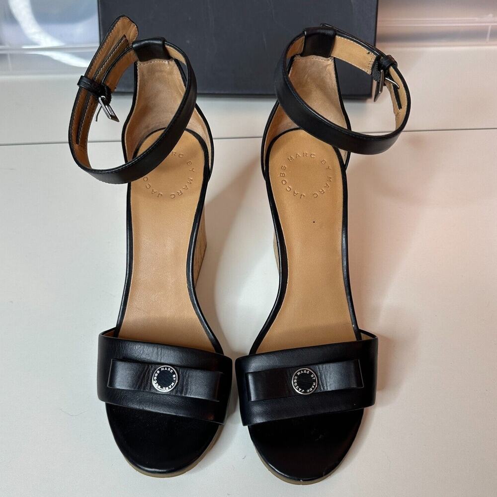 Marc by Marc Jacobs Black Leather & Cork Wedge Ankle Strap Sandals Silver 7.5 - Picture 3 of 11